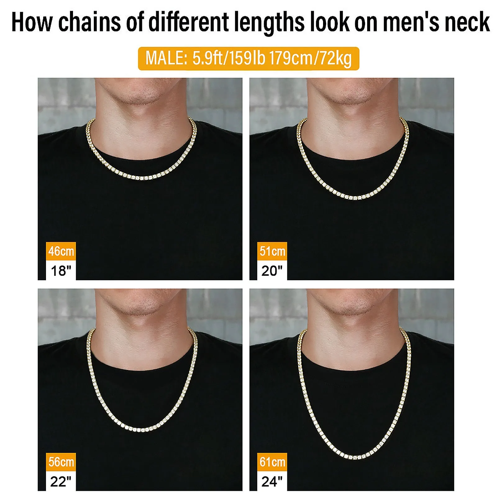 5mm 14K Gold CZ Diamond Mens Tennis Chain Necklace KRKC