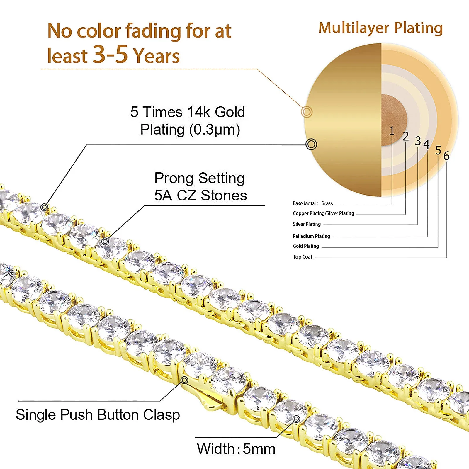 5mm 14K Gold CZ Diamond Mens Tennis Chain Necklace KRKC