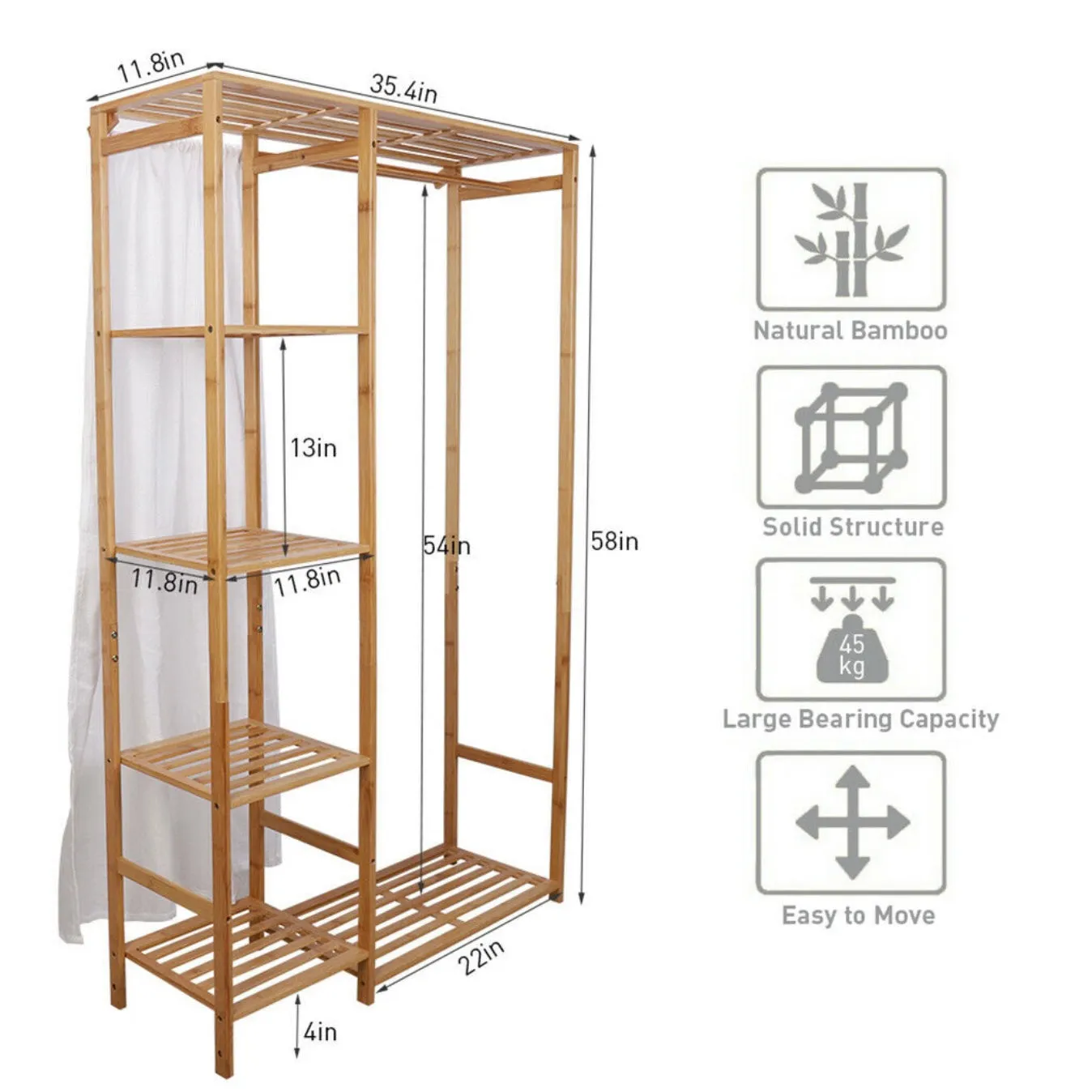 Bamboo Wood Clothes Rail | Open Clothes Rack with 6 Shelves | Natural