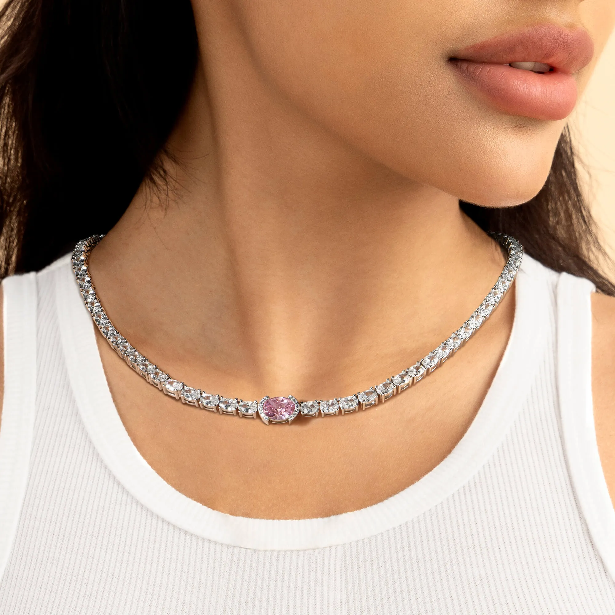 Crushed Ice Oval Tennis Necklace - Fancy Light Pink