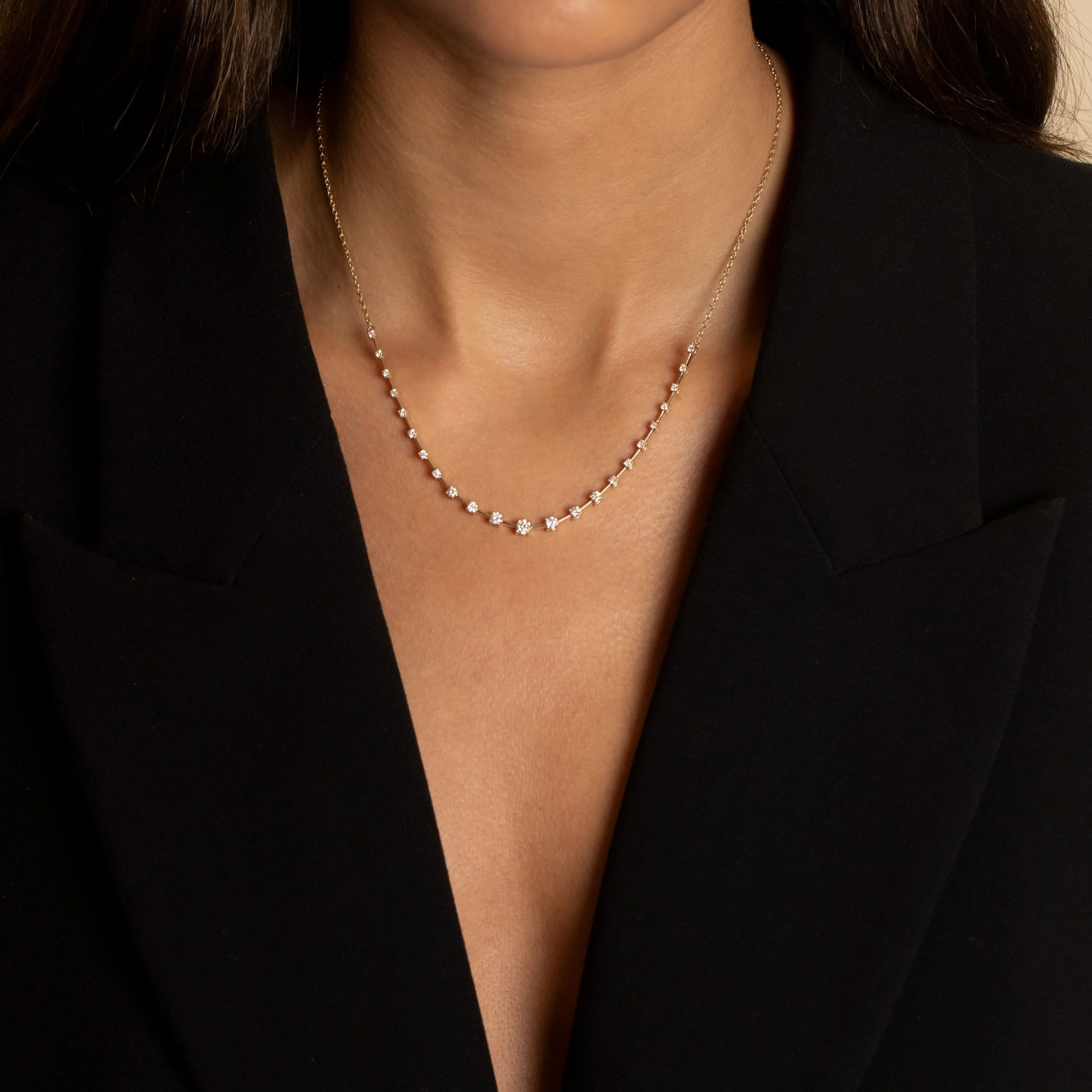 Diamond Scattered Stones X Bar Half Tennis Necklace 14K