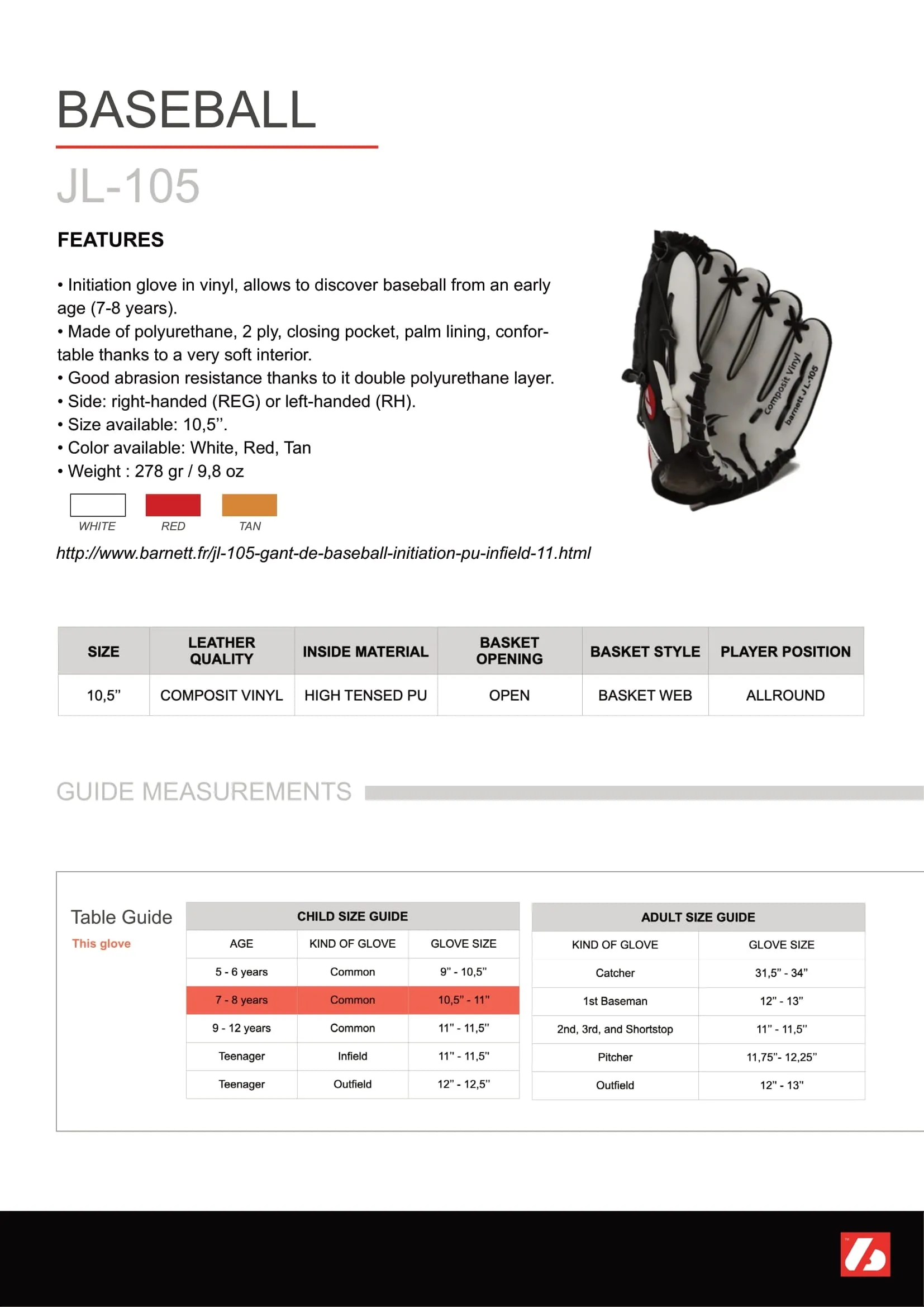 JL-105-baseball glove, outfiled, REG size 10.5" brown