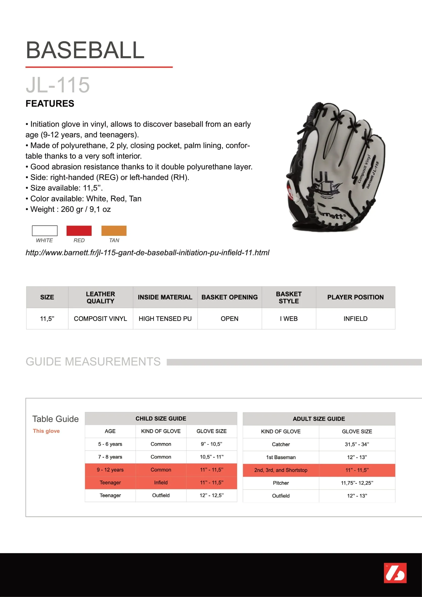 JL-115 – baseball gloves, outfiled, 11,5", WHITE