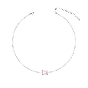 One Big Rectangle Horizontal Tennis Choker - Silver Light Pink