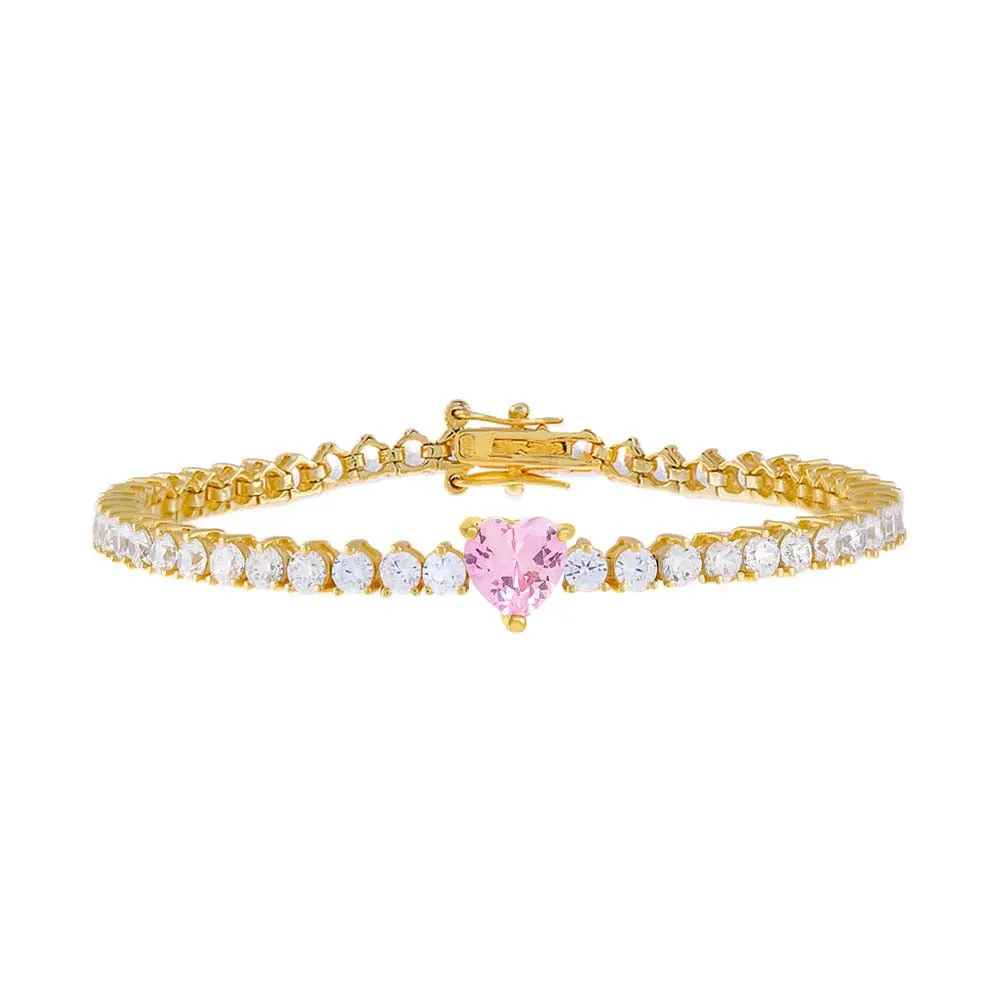 Pink Colored Heart Tennis Bracelet