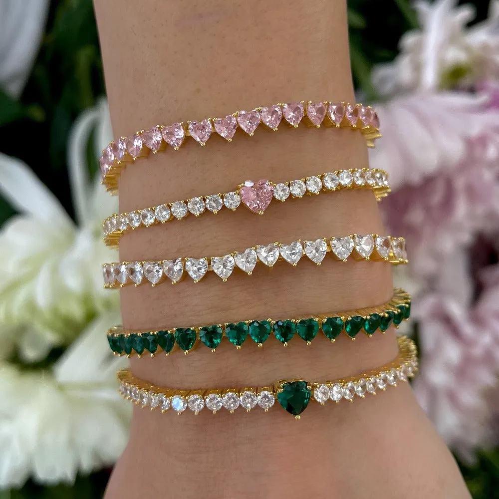 Pink Colored Heart Tennis Bracelet