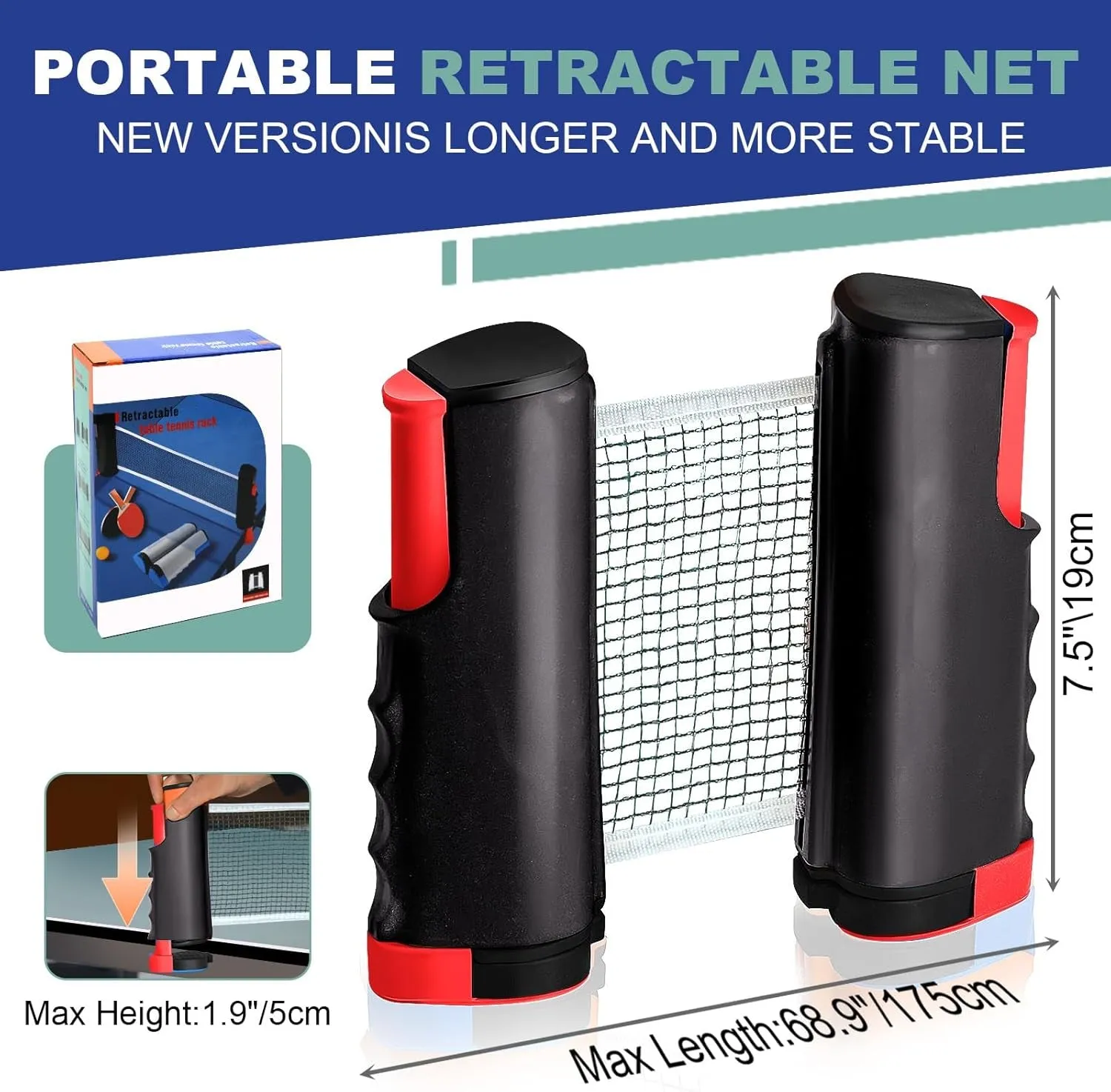 Retractable Ping Pong Net – 72" Table Tennis Net with Clamps Portable Ping Pong Net for Any Table and and Easy Setup Ping Pong Equipment Replacement Net for Ping Pong Tables