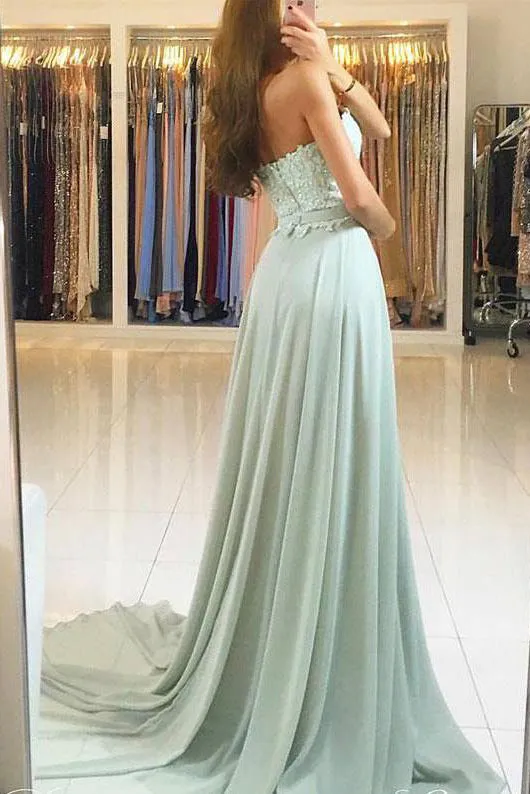 Sweetheart Strapless Cheap Long Chiffon Prom Dress with Lace OK781