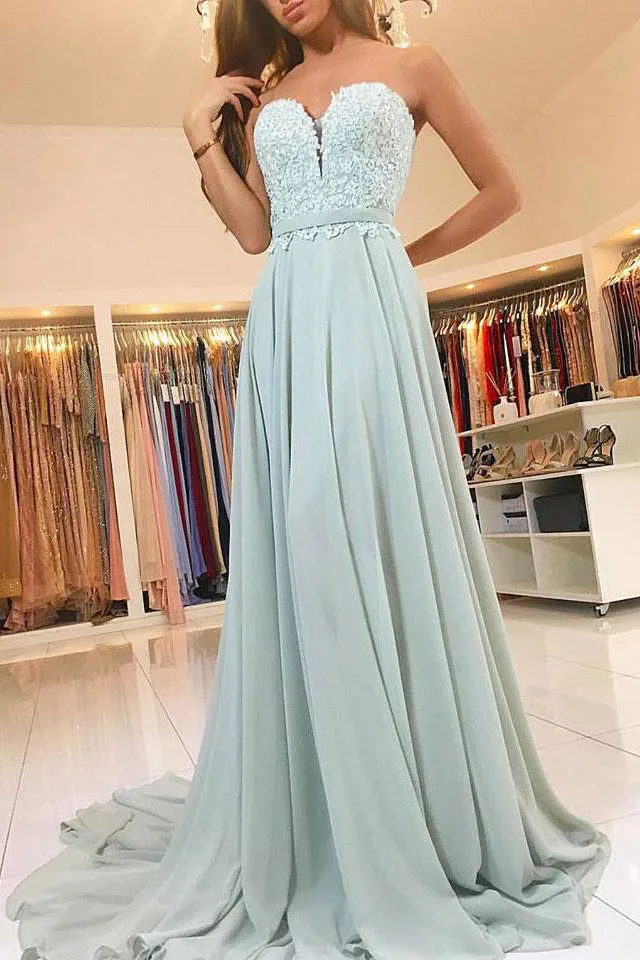 Sweetheart Strapless Cheap Long Chiffon Prom Dress with Lace OK781