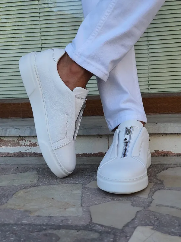 White Leather Mid-Top Zipper Sneakers with White Sole - Sneaker Shoes