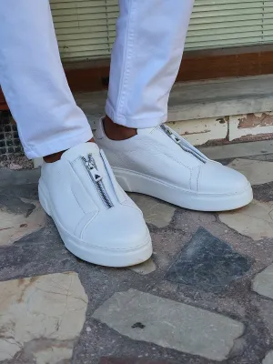 White Leather Mid-Top Zipper Sneakers with White Sole - Sneaker Shoes
