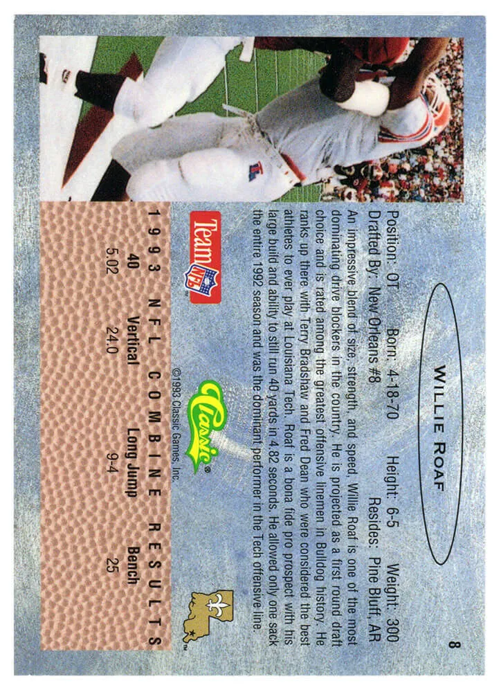 Willie Roaf Signed 1993 Classic Football Rookie Card #8 w/HOF 2012 -SCHWARTZ COA