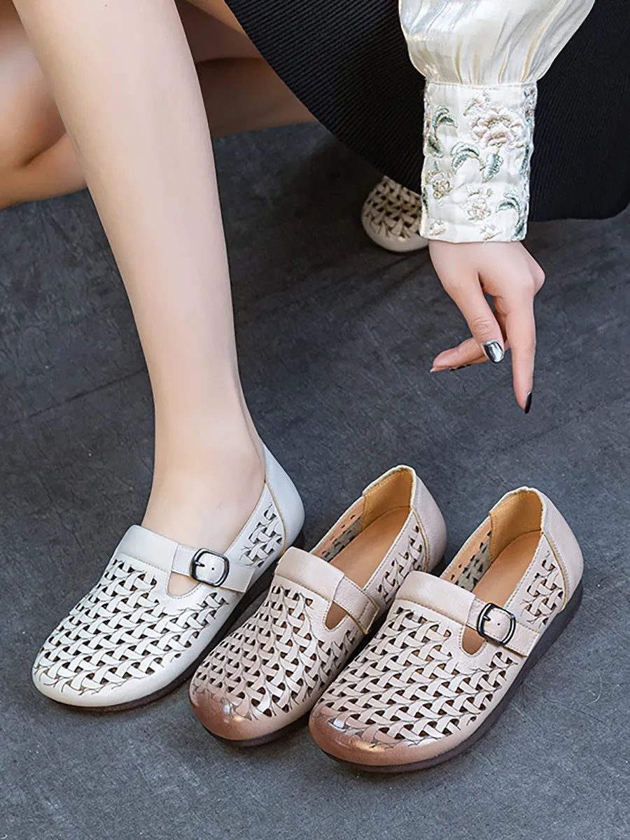 Women Casual Soft Leather Hollow Out Low Heel Shoes