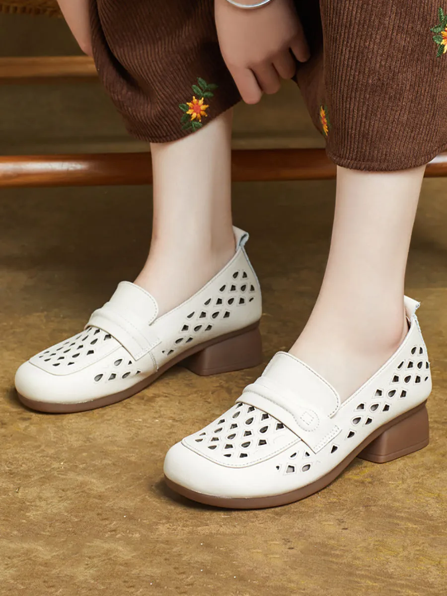 Women Summer Leather Hollow Out Mid Heel Shoes